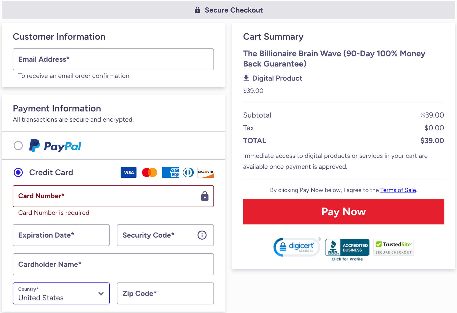 Billionaire Brain Wave Checkout Page
